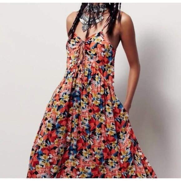 Free People Floral Mulberry Keyhole Maxi Dress Coral Multi Size XS Womens - Picture 1 of 16